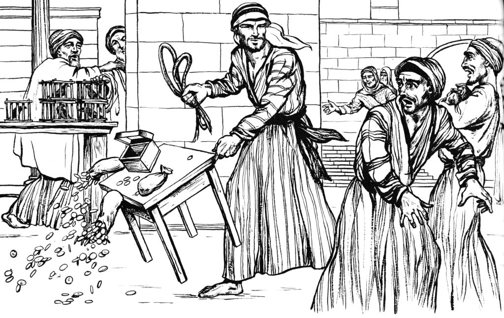 Jesus drives out the money-changers and the merchants from the Temple (Mark 11:15-16)