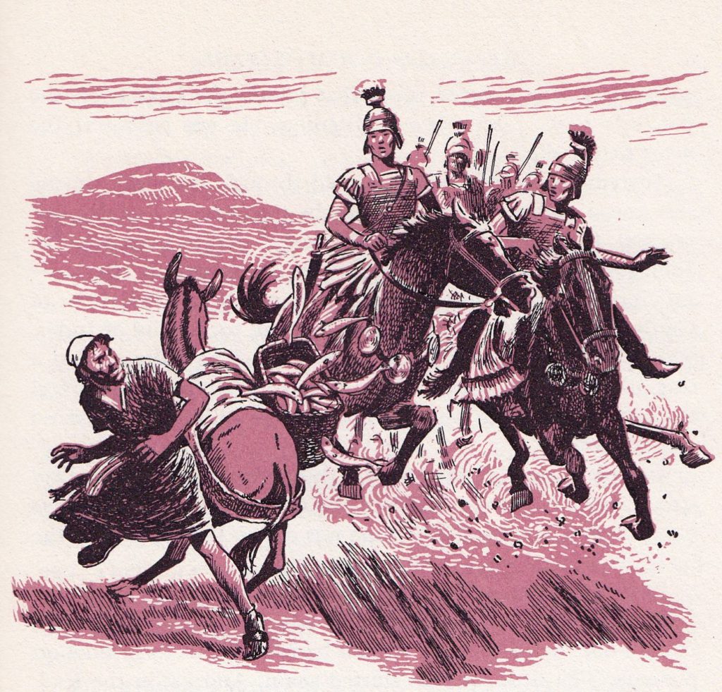 Roman soldiers causing a man and donkey with a load of fish to lose their load (Luke 3:14)