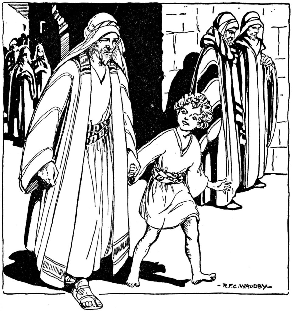 Boy walking with his father in a town